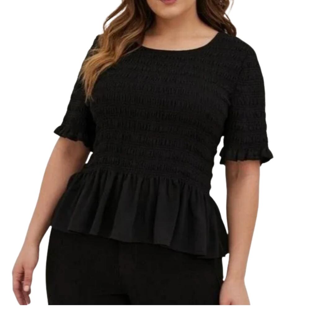 Torrid Smocked Peplum Top Black Chiffon Whimsygoth Stretch Blousy Top Sz 5X